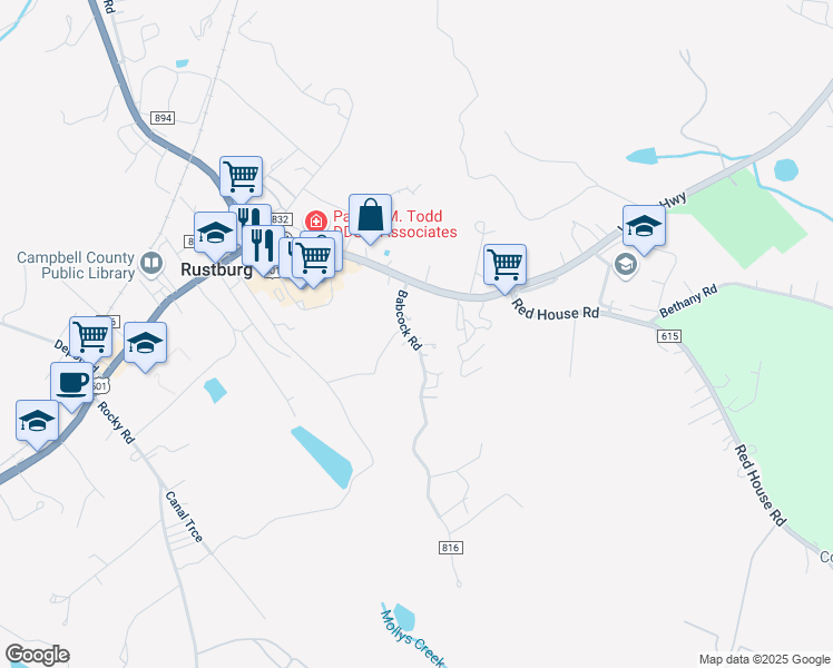 map of restaurants, bars, coffee shops, grocery stores, and more near 138 Babcock Road in Rustburg