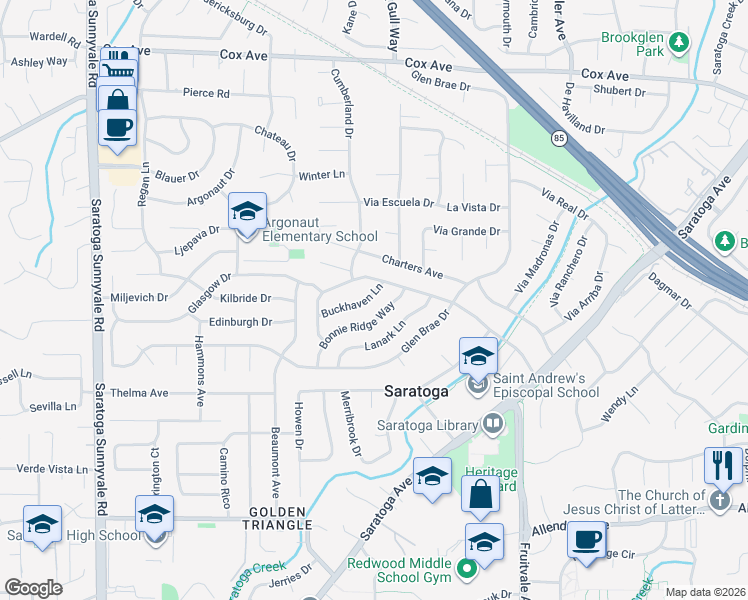 map of restaurants, bars, coffee shops, grocery stores, and more near 19866 Buckhaven Lane in Saratoga