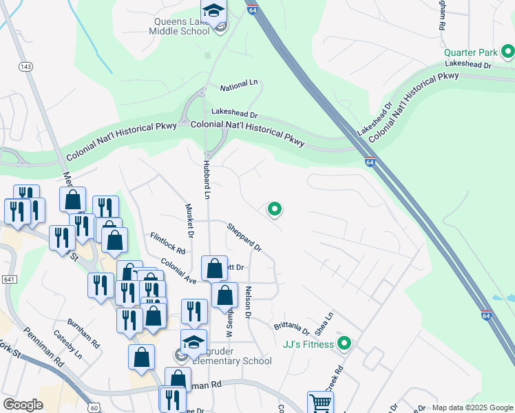 map of restaurants, bars, coffee shops, grocery stores, and more near 113 Copperfield Drive in Williamsburg