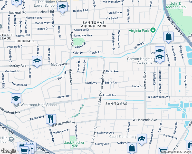 map of restaurants, bars, coffee shops, grocery stores, and more near 1259 Cobblestone Drive in Campbell