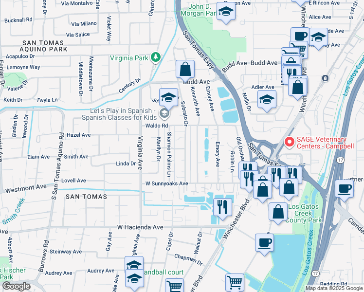 map of restaurants, bars, coffee shops, grocery stores, and more near 611 Laura Drive in Campbell