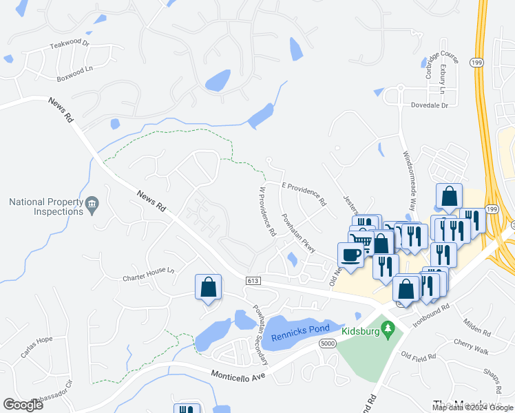 map of restaurants, bars, coffee shops, grocery stores, and more near 3931 West Providence Road in Williamsburg