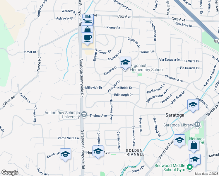 map of restaurants, bars, coffee shops, grocery stores, and more near 20281 Glasgow Drive in Saratoga