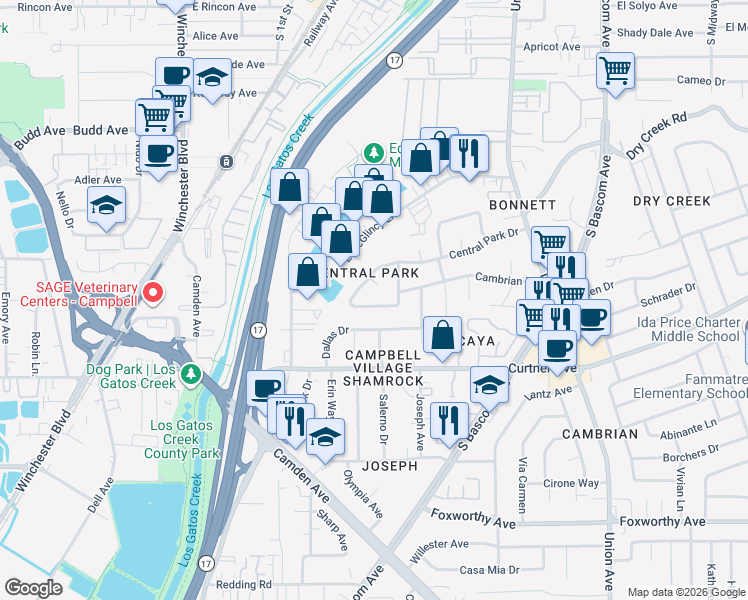 map of restaurants, bars, coffee shops, grocery stores, and more near 2275 Highland Park Lane in Campbell