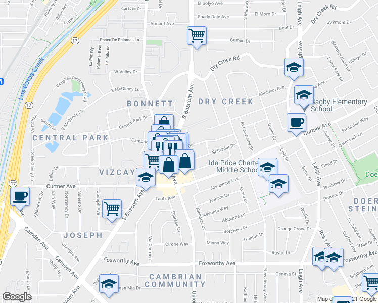map of restaurants, bars, coffee shops, grocery stores, and more near 660 Elden Drive in Campbell