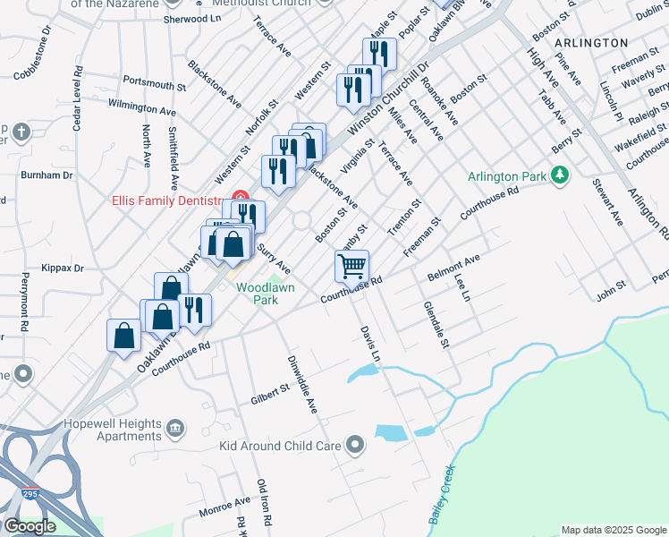 map of restaurants, bars, coffee shops, grocery stores, and more near 3408 Granby Street in Hopewell