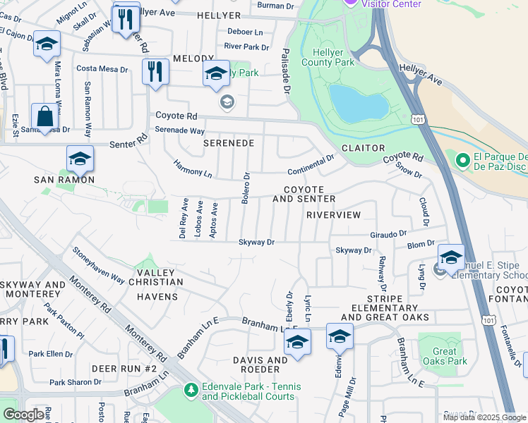 map of restaurants, bars, coffee shops, grocery stores, and more near 4638 Paloma Avenue in San Jose