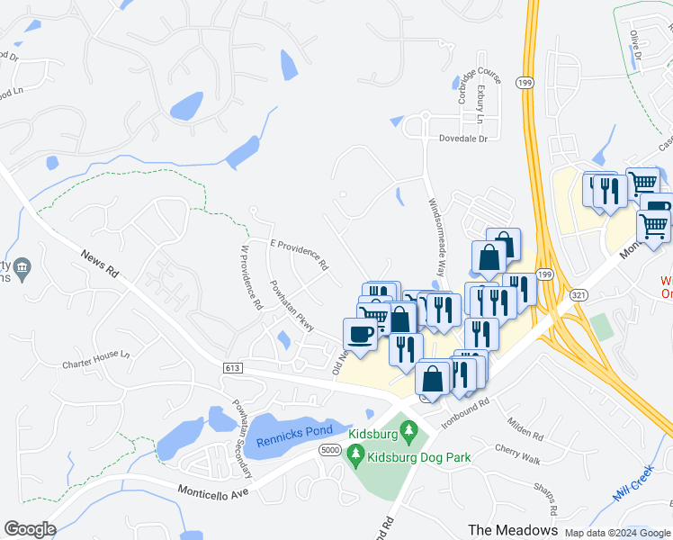 map of restaurants, bars, coffee shops, grocery stores, and more near 4015 E Providence Rd in Williamsburg