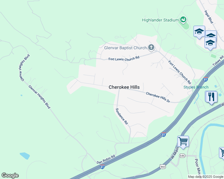 map of restaurants, bars, coffee shops, grocery stores, and more near 5222 Cherokee Hills Drive in Salem