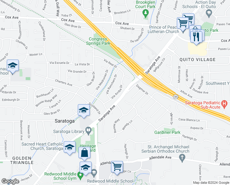 map of restaurants, bars, coffee shops, grocery stores, and more near 13271 Via Arriba Drive in Saratoga