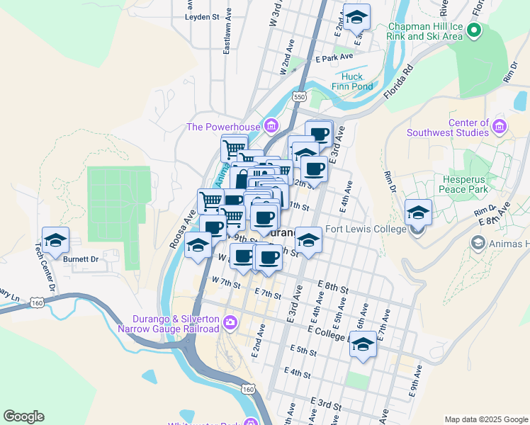 map of restaurants, bars, coffee shops, grocery stores, and more near 1099 Main Avenue in Durango
