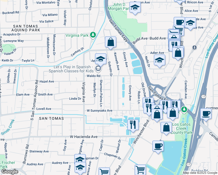 map of restaurants, bars, coffee shops, grocery stores, and more near 608 Gamma Court in Campbell