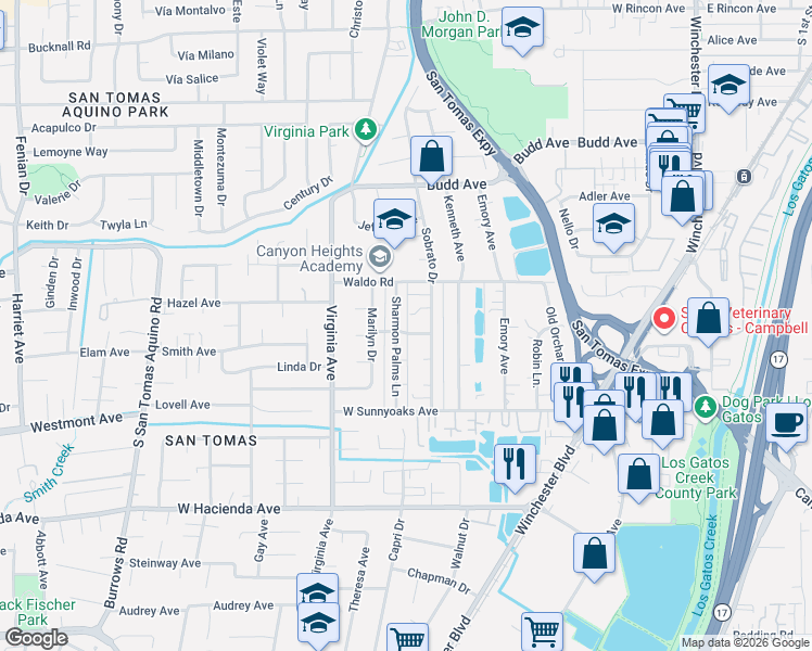 map of restaurants, bars, coffee shops, grocery stores, and more near 817 Sharmon Palms Lane in Campbell