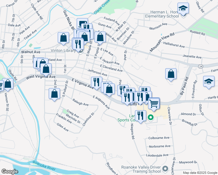 map of restaurants, bars, coffee shops, grocery stores, and more near 534 Spruce Street in Vinton