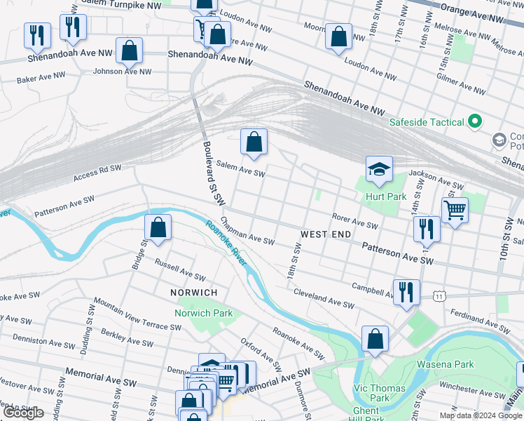 map of restaurants, bars, coffee shops, grocery stores, and more near 345-399 20th St SW in Roanoke