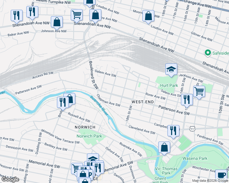 map of restaurants, bars, coffee shops, grocery stores, and more near 345-399 20th St SW in Roanoke
