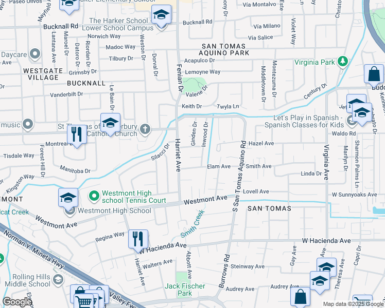 map of restaurants, bars, coffee shops, grocery stores, and more near 1439 Inwood Court in Campbell