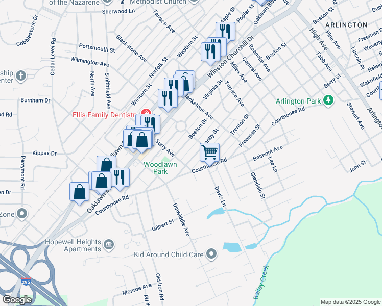 map of restaurants, bars, coffee shops, grocery stores, and more near 3412 Boston Street in Hopewell