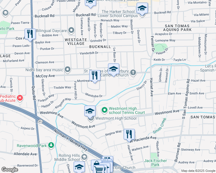 map of restaurants, bars, coffee shops, grocery stores, and more near 2620 Meta Drive in San Jose