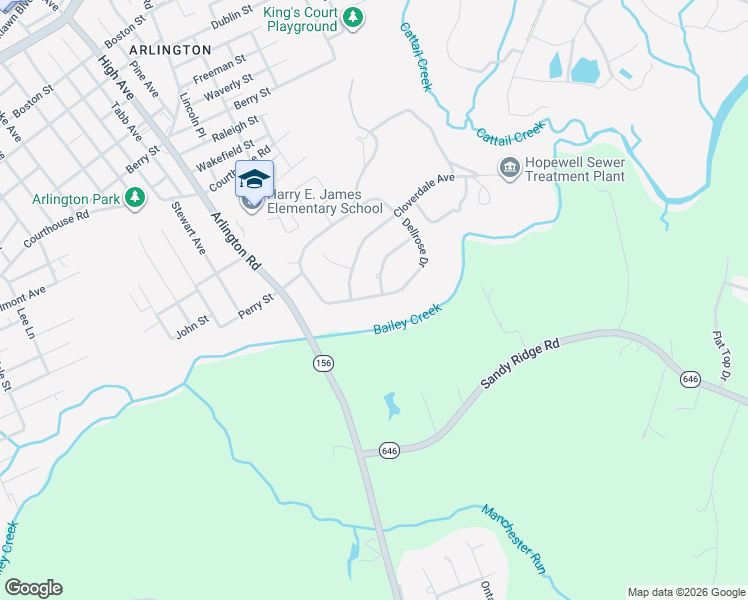 map of restaurants, bars, coffee shops, grocery stores, and more near 2358 Dellrose Drive in Hopewell