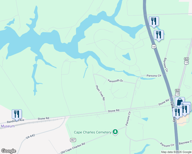 map of restaurants, bars, coffee shops, grocery stores, and more near 3076 Yarmouth Drive in Cape Charles