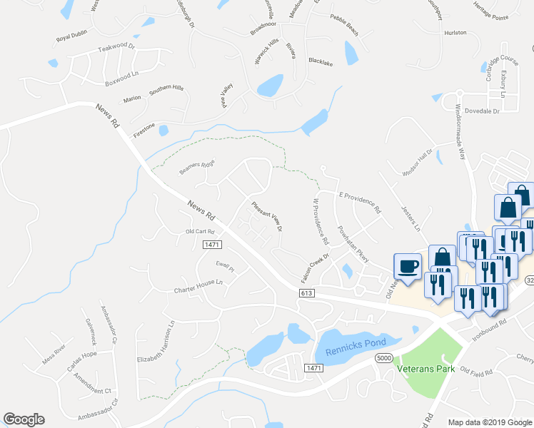 map of restaurants, bars, coffee shops, grocery stores, and more near 4419 Pleasant View Drive in Williamsburg