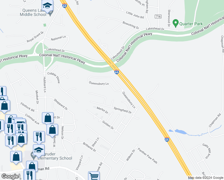 map of restaurants, bars, coffee shops, grocery stores, and more near 807 Queensbury Lane in Williamsburg