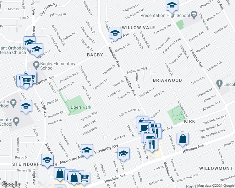 map of restaurants, bars, coffee shops, grocery stores, and more near 1730 Valpico Drive in San Jose