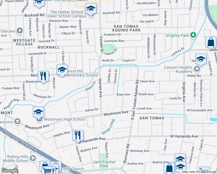 map of restaurants, bars, coffee shops, grocery stores, and more near 1439 Inwood Court in Campbell
