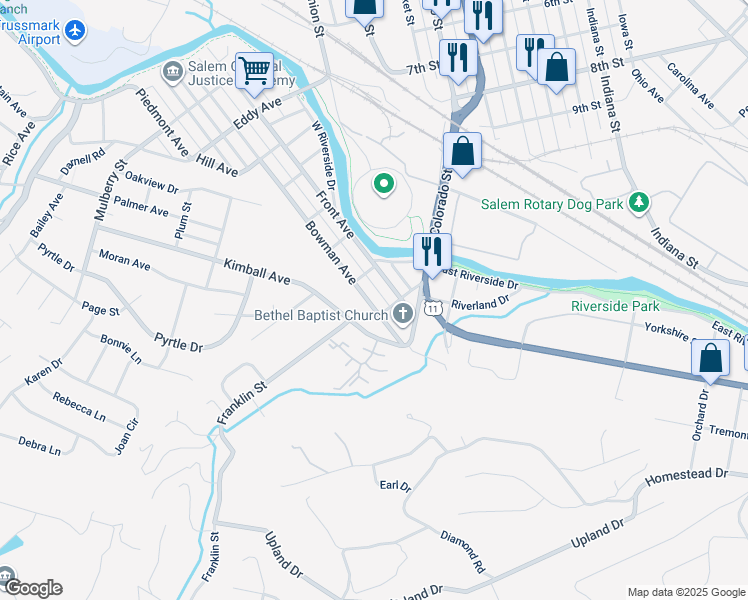 map of restaurants, bars, coffee shops, grocery stores, and more near 105 Bowman Avenue in Salem