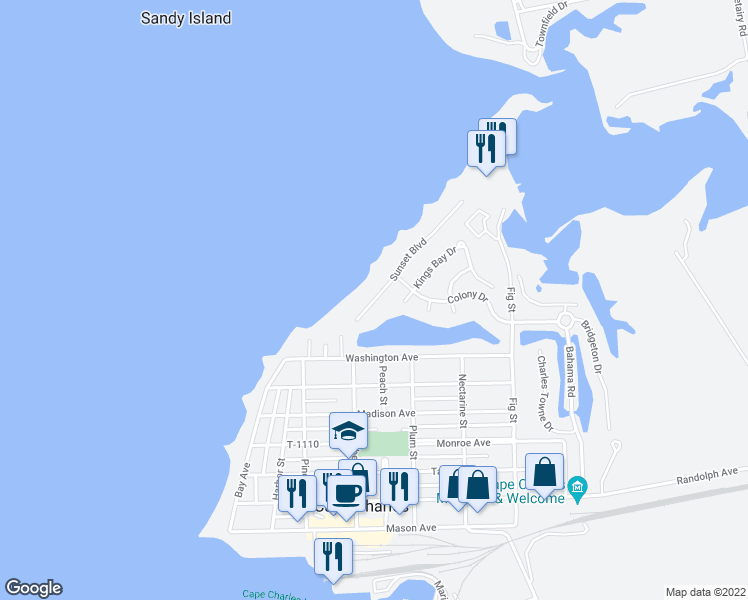map of restaurants, bars, coffee shops, grocery stores, and more near 145 Sunset Boulevard in Cape Charles