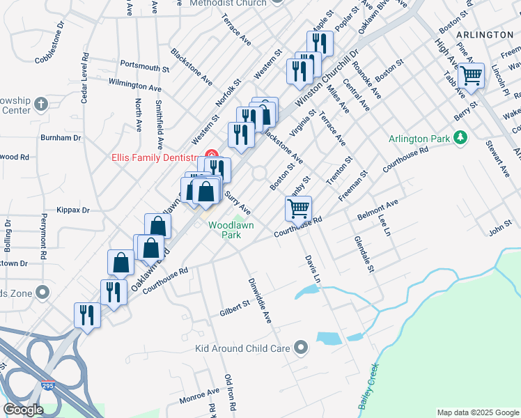 map of restaurants, bars, coffee shops, grocery stores, and more near 3412 Boston Street in Hopewell