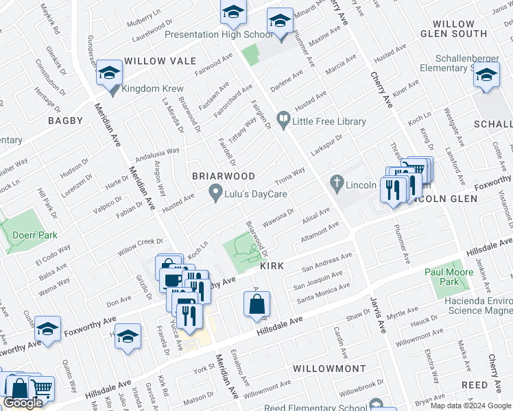 map of restaurants, bars, coffee shops, grocery stores, and more near 1591 Koch Lane in San Jose