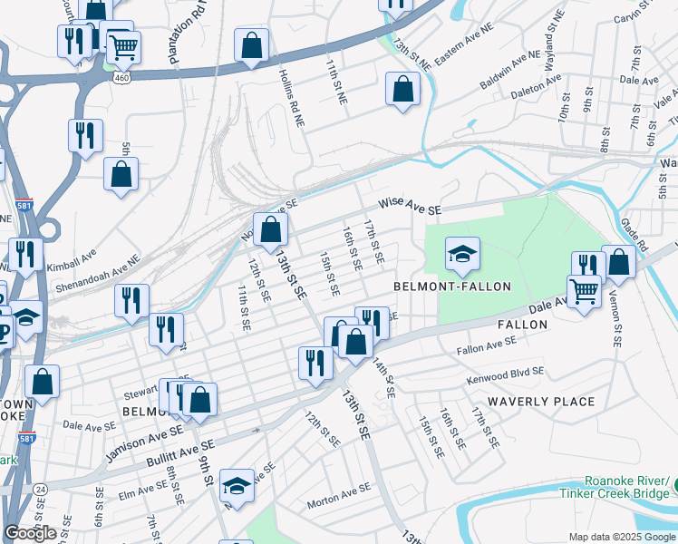 map of restaurants, bars, coffee shops, grocery stores, and more near 1513 Kirk Avenue Southeast in Roanoke