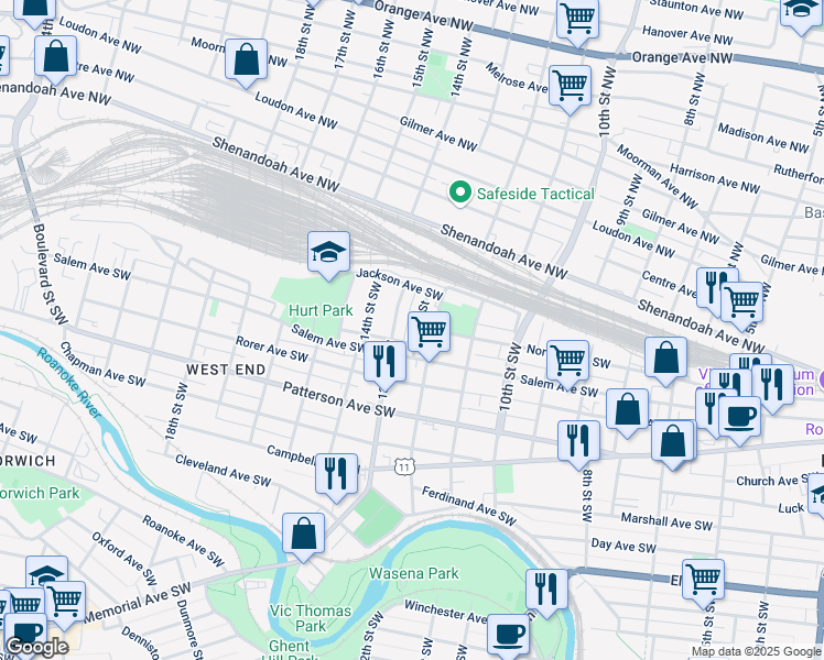 map of restaurants, bars, coffee shops, grocery stores, and more near 101 12 1/2 Street in Roanoke