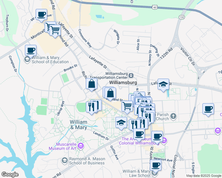 map of restaurants, bars, coffee shops, grocery stores, and more near 125 Braxton Ct in Williamsburg