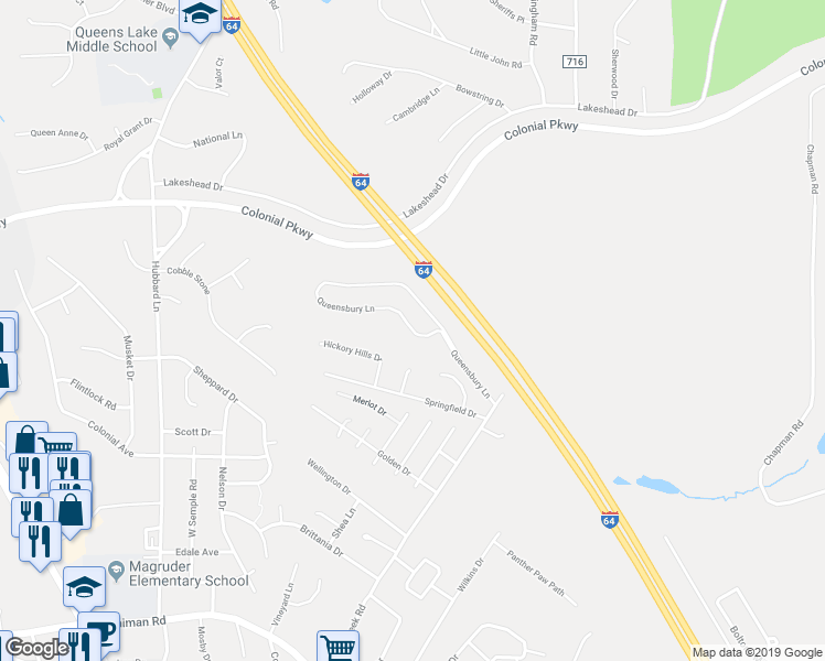 map of restaurants, bars, coffee shops, grocery stores, and more near 812 Queensbury Lane in Williamsburg