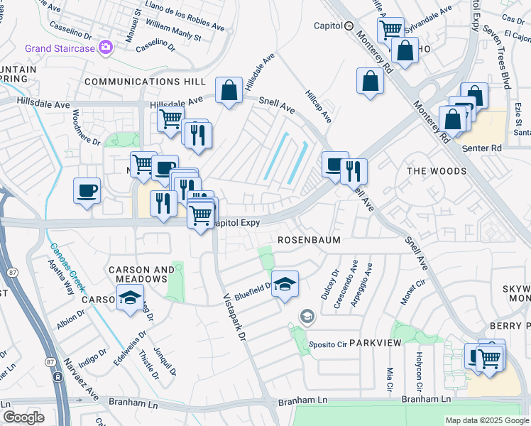 map of restaurants, bars, coffee shops, grocery stores, and more near 3930 Vista Roma Dr in San Jose