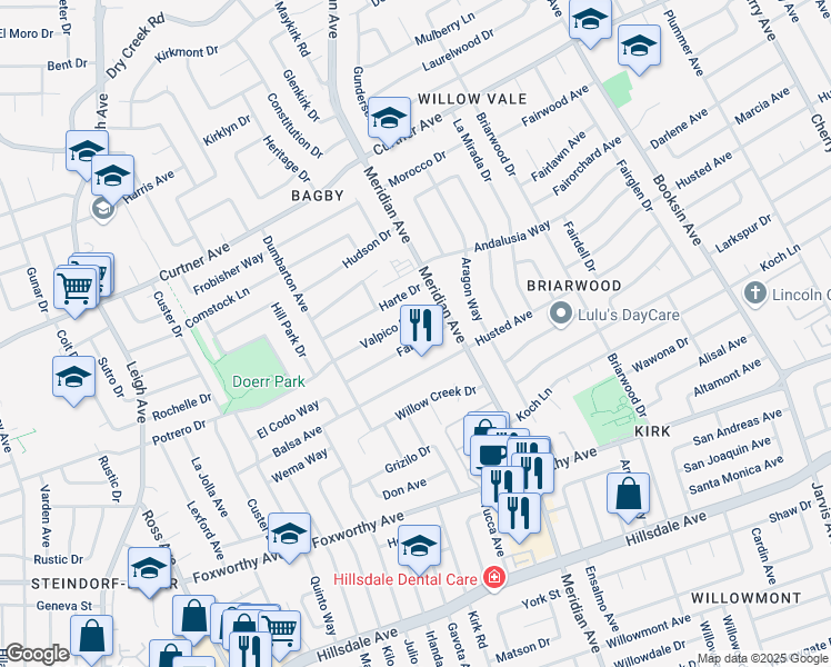 map of restaurants, bars, coffee shops, grocery stores, and more near 1730 Valpico Drive in San Jose