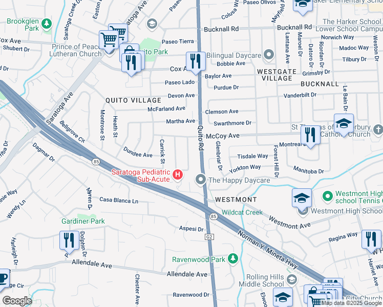 map of restaurants, bars, coffee shops, grocery stores, and more near 13264 McCulloch Avenue in Saratoga