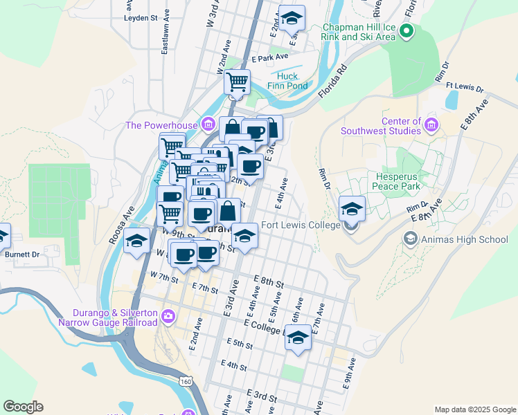 map of restaurants, bars, coffee shops, grocery stores, and more near 301 East 11th Street in Durango