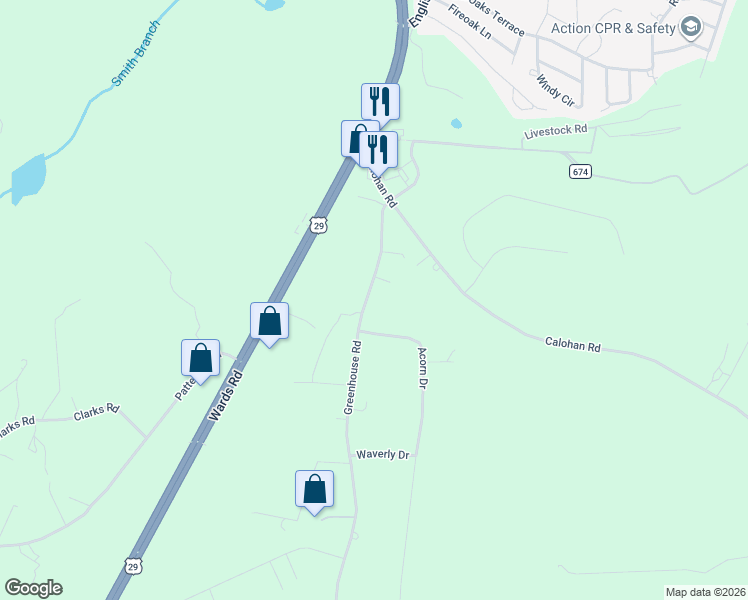 map of restaurants, bars, coffee shops, grocery stores, and more near 200 Greenhouse Road in Rustburg