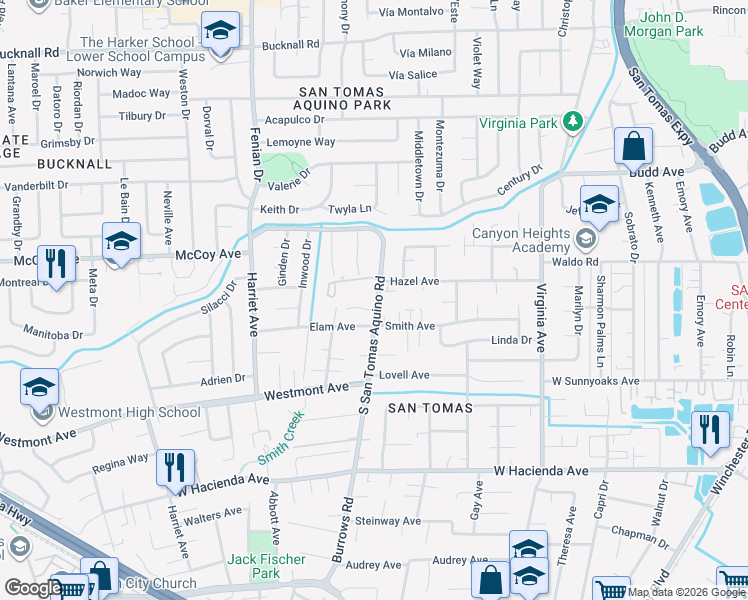 map of restaurants, bars, coffee shops, grocery stores, and more near West San Tomas Aquino Road in Campbell
