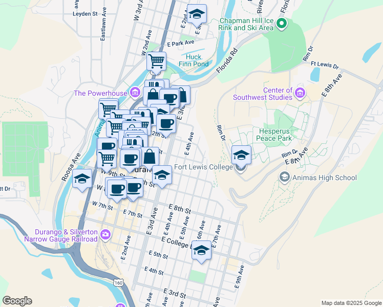 map of restaurants, bars, coffee shops, grocery stores, and more near 1114 E 4th Ave in Durango