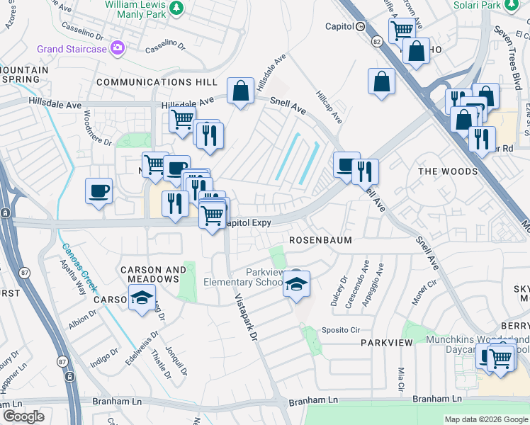 map of restaurants, bars, coffee shops, grocery stores, and more near 346 Vista Roma Way in San Jose