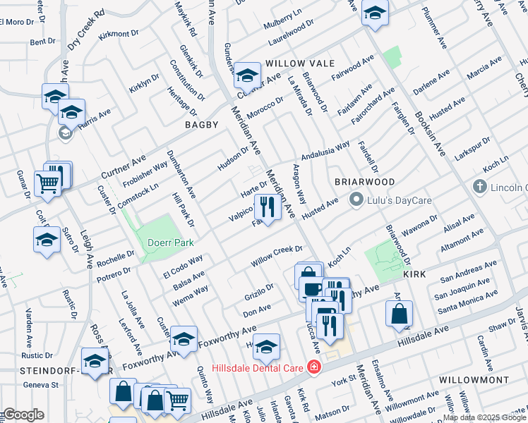 map of restaurants, bars, coffee shops, grocery stores, and more near 1730 Valpico Drive in San Jose