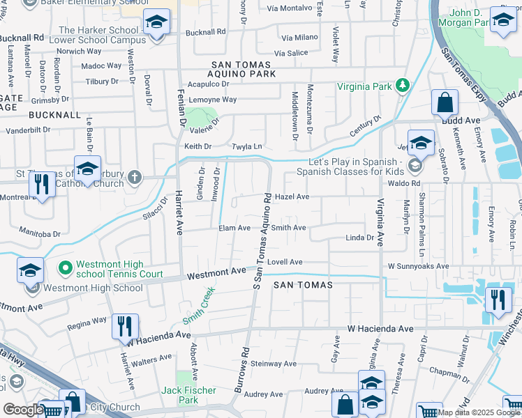 map of restaurants, bars, coffee shops, grocery stores, and more near 832 South San Tomas Aquino Road in Campbell