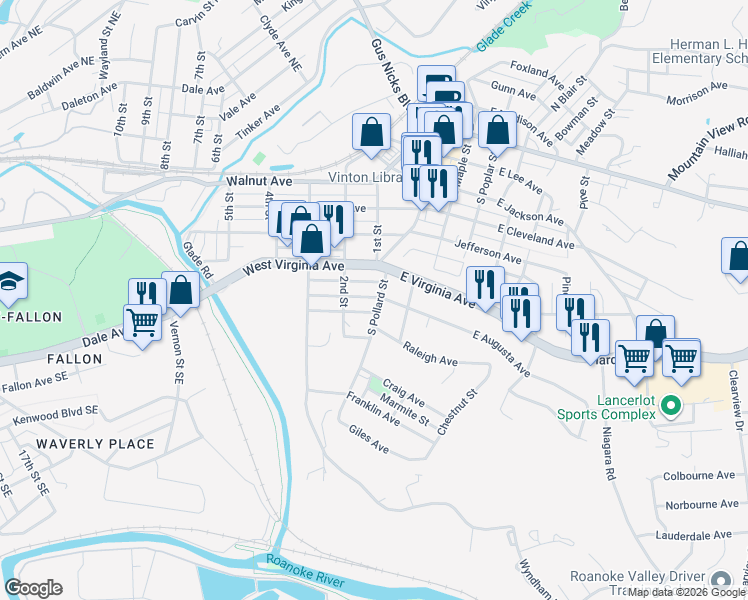 map of restaurants, bars, coffee shops, grocery stores, and more near 103-105 W Augusta Ave in Vinton