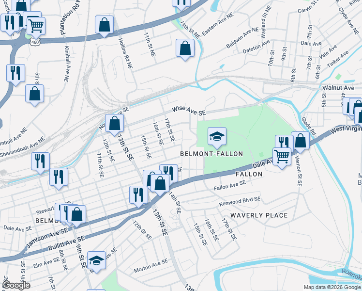 map of restaurants, bars, coffee shops, grocery stores, and more near 411 18th Street Southeast in Roanoke