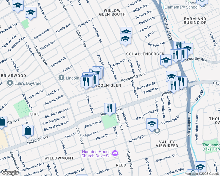 map of restaurants, bars, coffee shops, grocery stores, and more near 3012 Cherry Avenue in San Jose